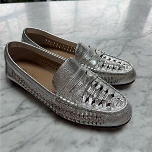Veronica Beard Penny Metallic Silver Woven Leather Loafer